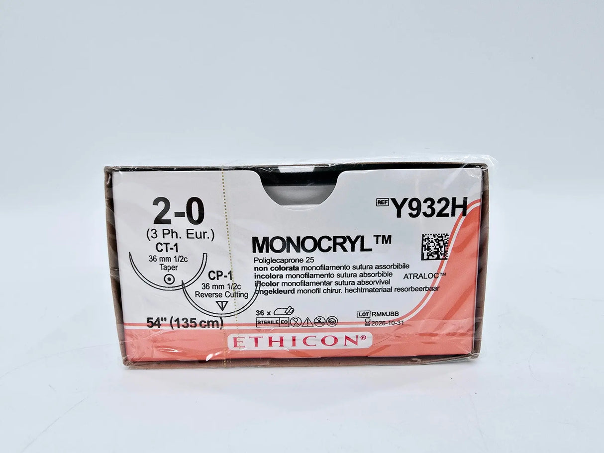 Ethicon Y932H 2-0 MONOCRYL UNDYED 1X54" CP-1,CT-1 DOUBLE ARMED Box of 36 Ethicon