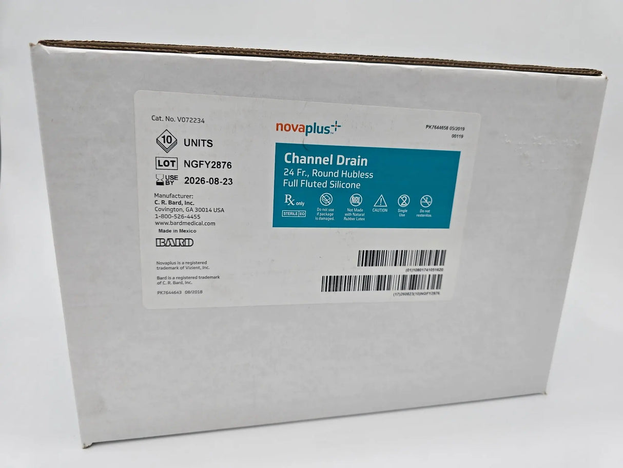 Novaplus V072234 Novaplus Channel Drain 24Fr Round Hubless Full Fluted Silicon Primis Medical