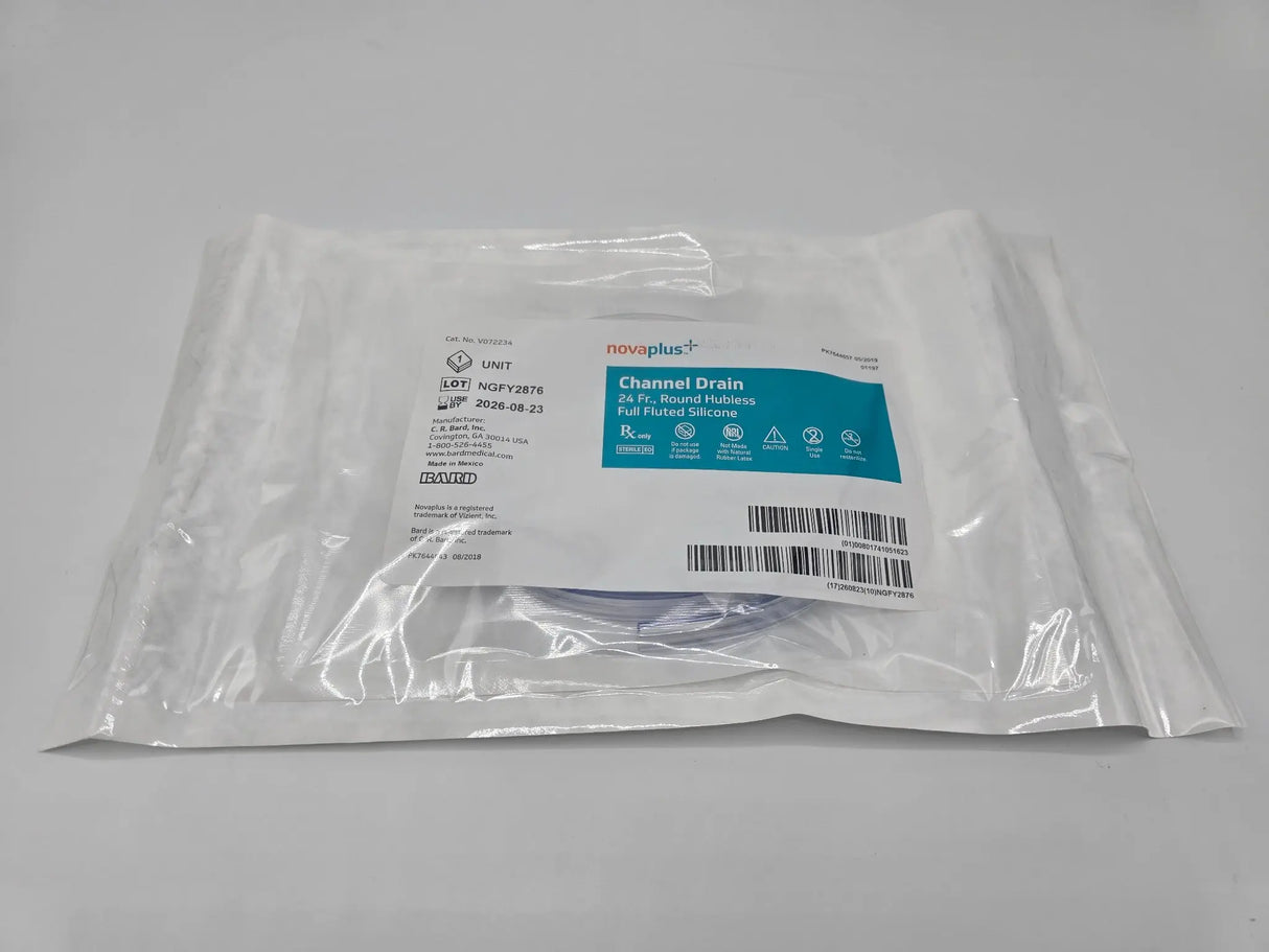 Novaplus V072234 Novaplus Channel Drain 24Fr Round Hubless Full Fluted Silicon Primis Medical