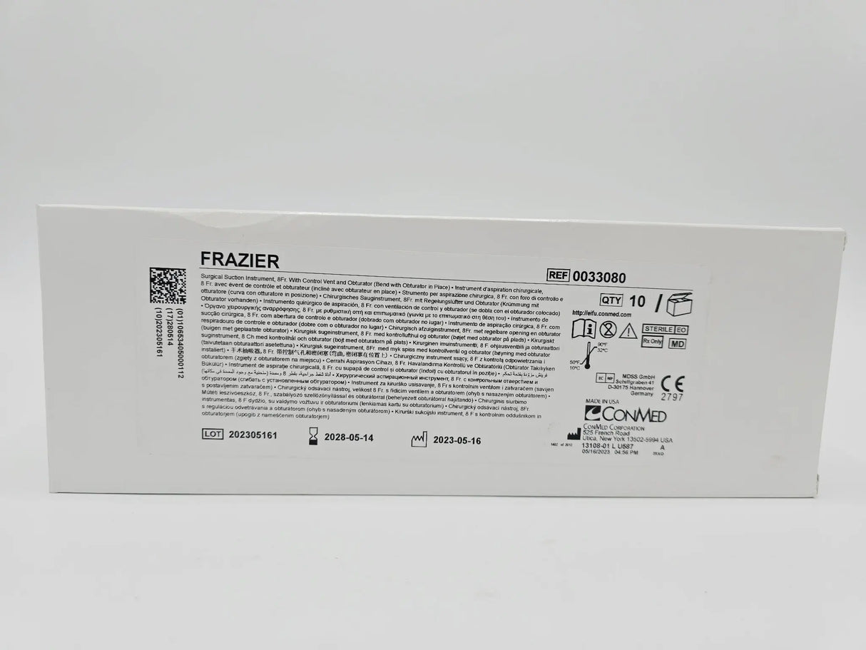 Conmed Frazier 0033080 Suction Instrument 8 Fr w/ Control Vent & Obturator Bx 10 Primis Medical