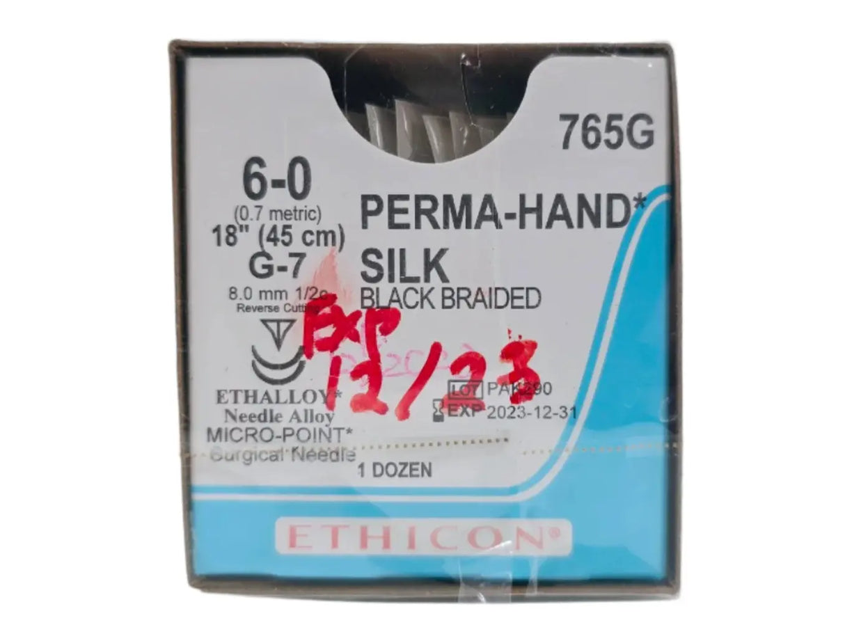 Ethicon 765G 6-0 Perma Hand Black 1x18" G-7 Double Armed Box of 12 Ethicon