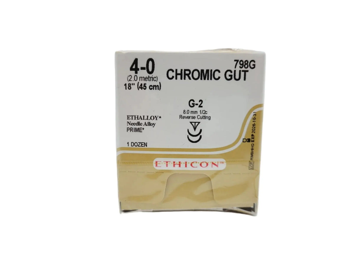 Ethicon CHROMIC GUT 798G 4-0 G-2 8mm Undyed Naturally Brown 18", Box of 12 Ethicon