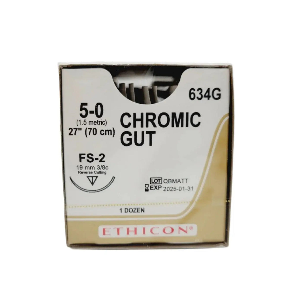 Ethicon 634G CHROMIC GUT 5-0 Naturally BROWN 1X27" FS-2 Box of 12 *EXPIRED* Ethicon