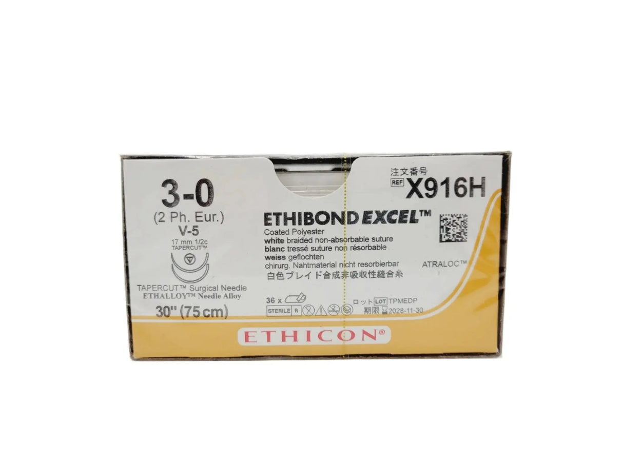 Ethicon X916H 3-0 ETHIBOND EXCEL WHITE 1X30" V-5 DOUBLE ARMED Box of 36 Ethicon