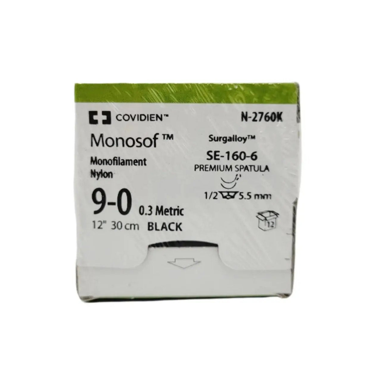 Covidien N-2760K Monosof 9-0 1X12" SE-160-6 Monofilament Box of 12 Covidien