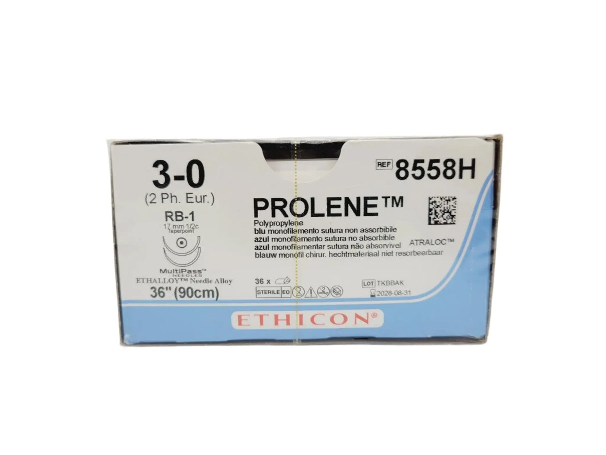 Ethicon 8558H 3-0 PROLENE BLUE 1X36" RB-1 DOUBLE ARMED Box of 36 Ethicon