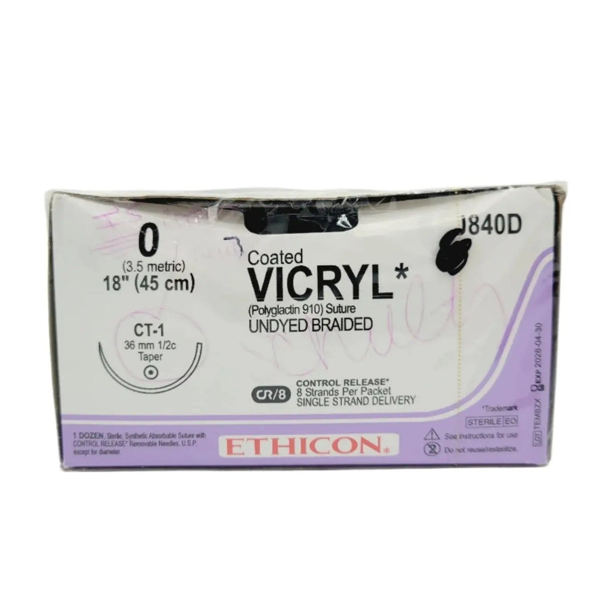 Ethicon J840D 0 COATED VICRYL 1X18" CT-1 UNDYED Box of 12 Ethicon