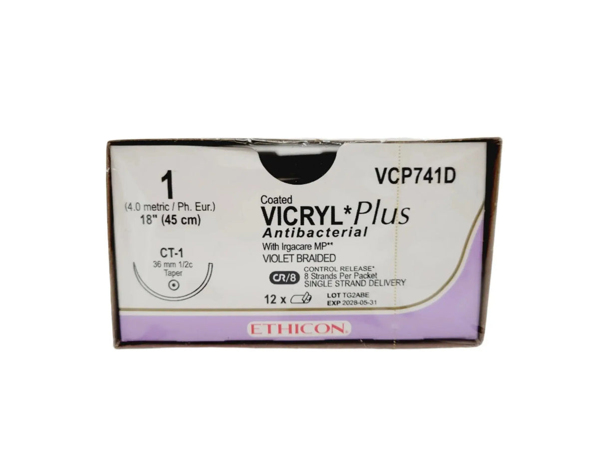 Ethicon VCP741D 1 COATED VICRYL PLUS VIOLET 8X18" CT-1 CR Box of 12 Ethicon