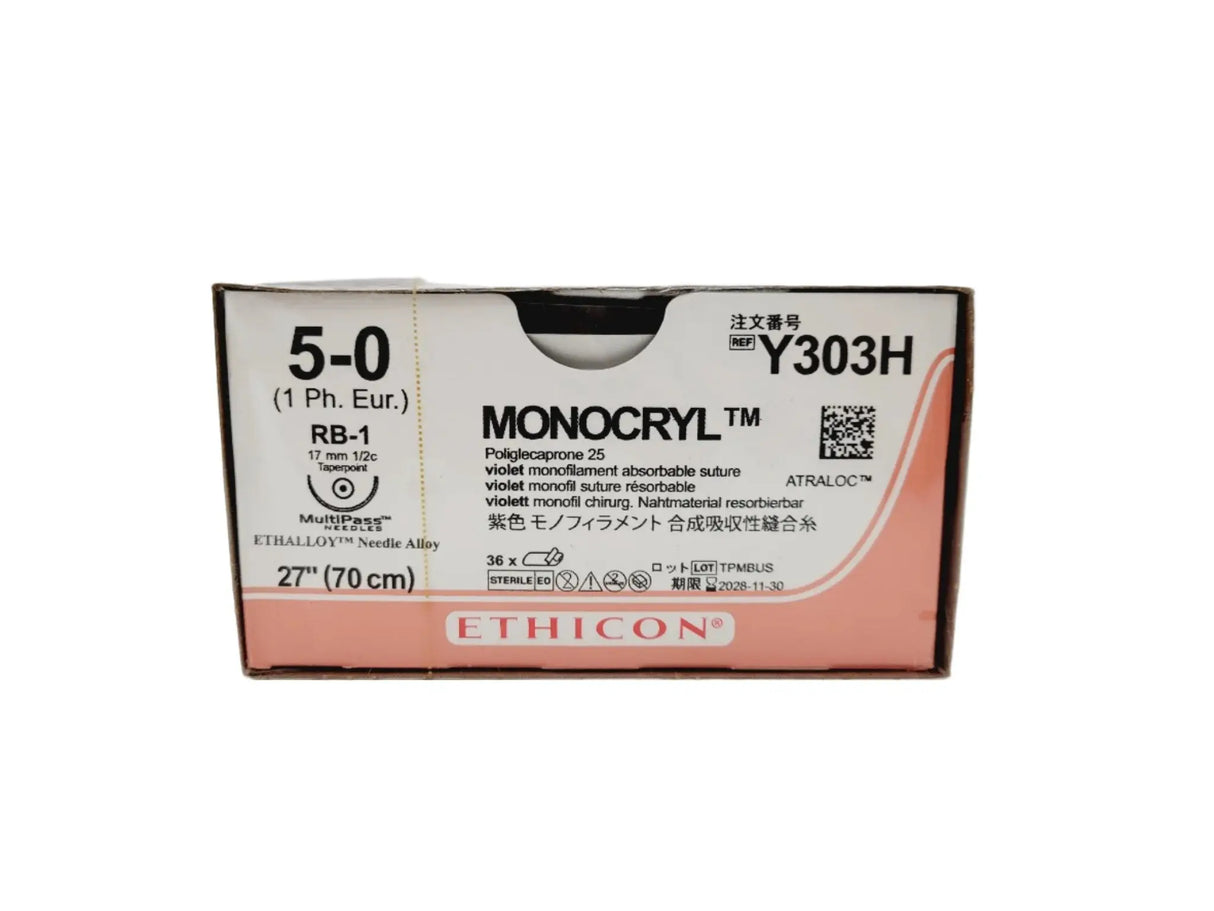 Ethicon Y303H 5-0 MONOCRYL VIOLET 1X27" RB-1 MULTIPASS Box of 36 Ethicon