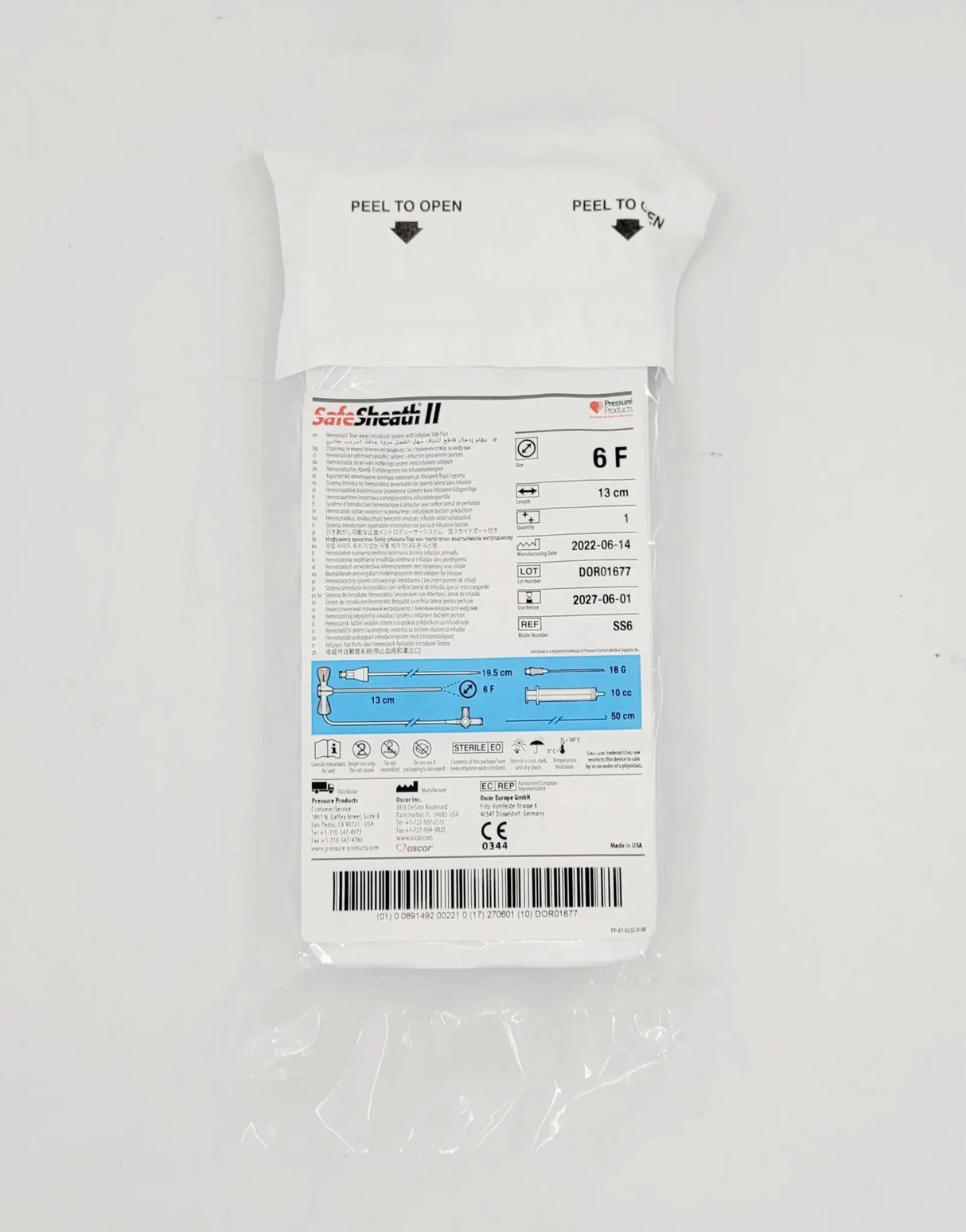 OSCOR SafeSheath II SS6 Hemostatic Tear-Away Introducer System 6Fr. x 13cm Oscor