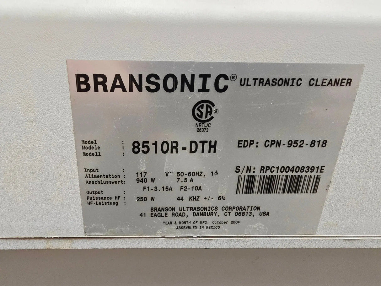 Branson 8510R-DTH Heated Ultrasonic Cleaner Digital Controls 20.8L Tank Branson