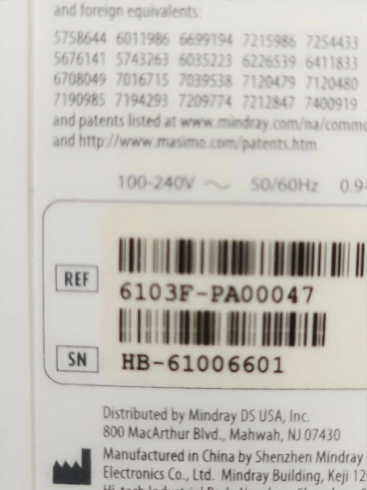 Mindray 6103F-PA00047 Vital Signs Monitor w/ Masimo SpO₂ & NIBP Accutorr 7 Mindray