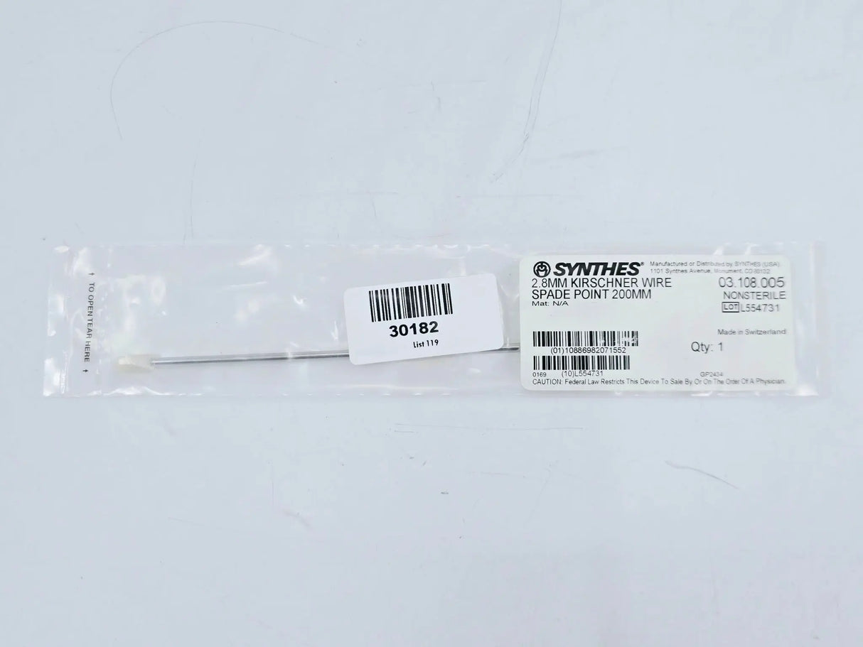 Synthes 03.108.005 2.8mm Kirschner Wire Spade Point 200mm Synthes