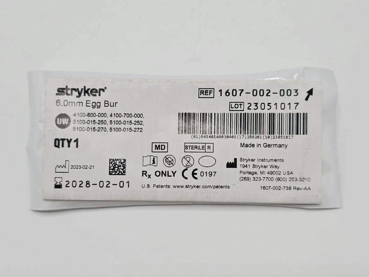 Stryker 1607-002-003 6.0mm Egg Bur Primis Medical