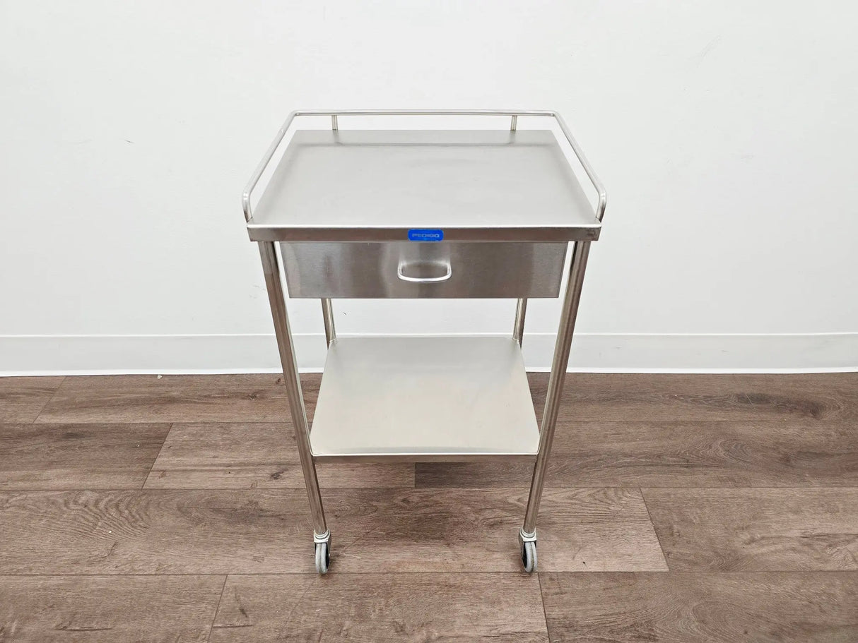 Pedigo SG-80-SS Stainless Steel Utility Cart w/ Shelf Drawer & Rail Primis Medical