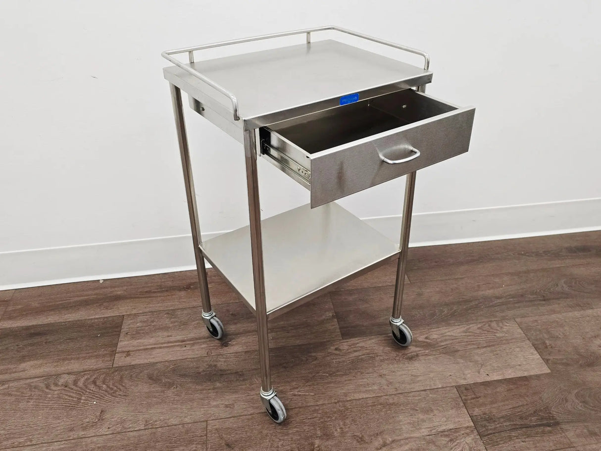 Pedigo SG-80-SS Stainless Steel Utility Cart w/ Shelf Drawer & Rail Primis Medical