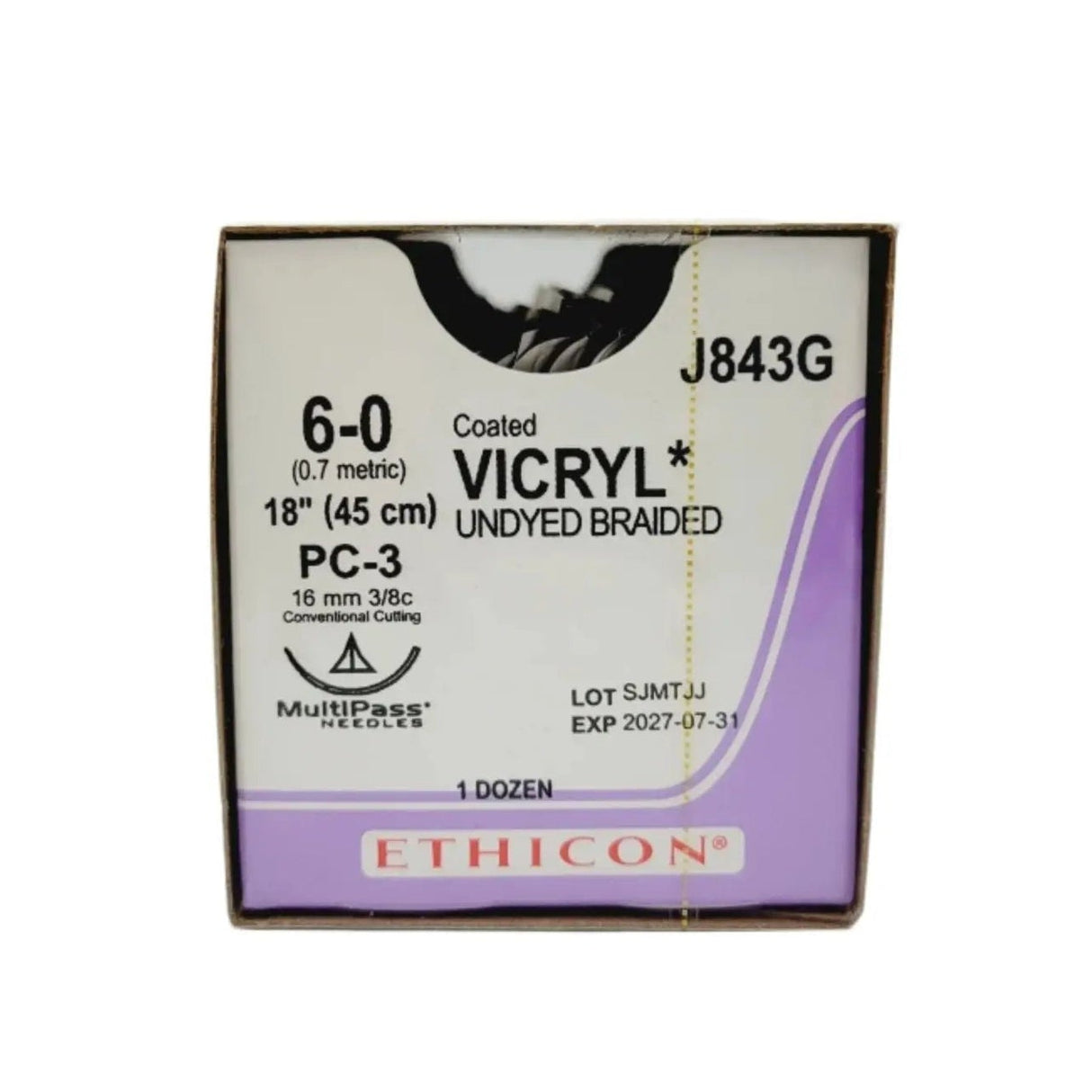 Ethicon Coated VICRYL J843G 6-0 PC-3 16mm Undyed Braided 18", Box of 12 Ethicon