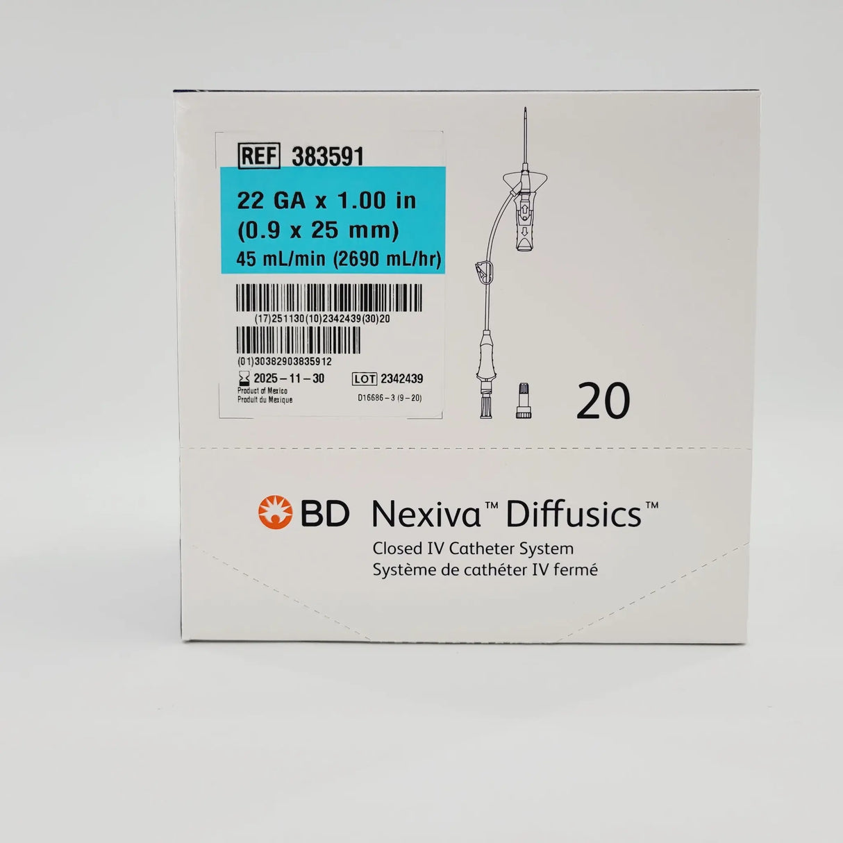 BD Nexiva 383591 Closed IV Catheter System 22G X 1" Box of 20 BD