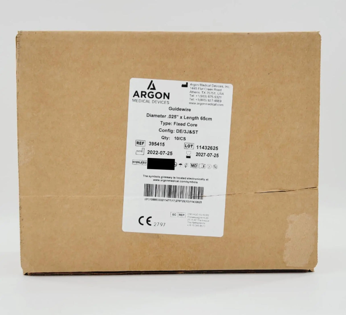 Argon Medical 395415 Guidewires .025" x 65cm Configuration DE/3J&ST Argon Medical