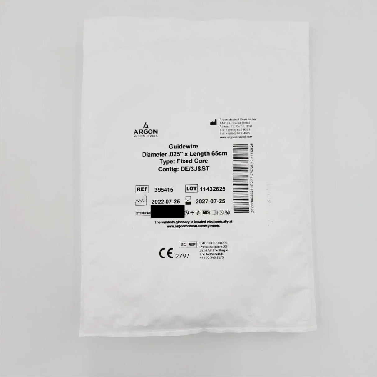 Argon Medical 395415 Guidewires .025" x 65cm Configuration DE/3J&ST Argon Medical