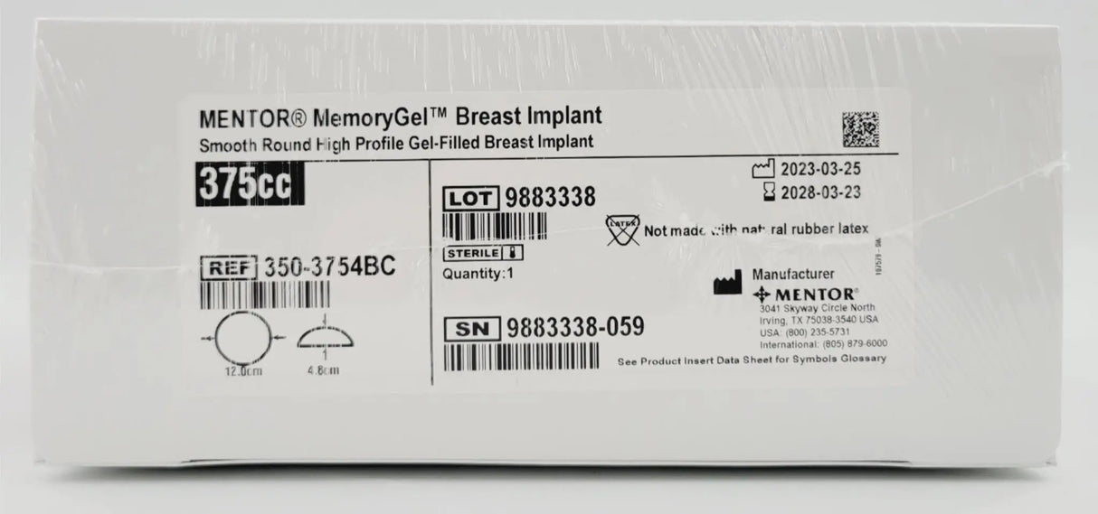 Mentor 350-3754BC Memory Gel High Profile Breast Implant 375CC Mentor