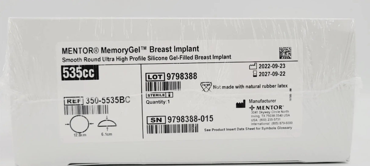 Mentor 350-5535BC Memory Gel Ultra High Breast Implant 535cc Mentor
