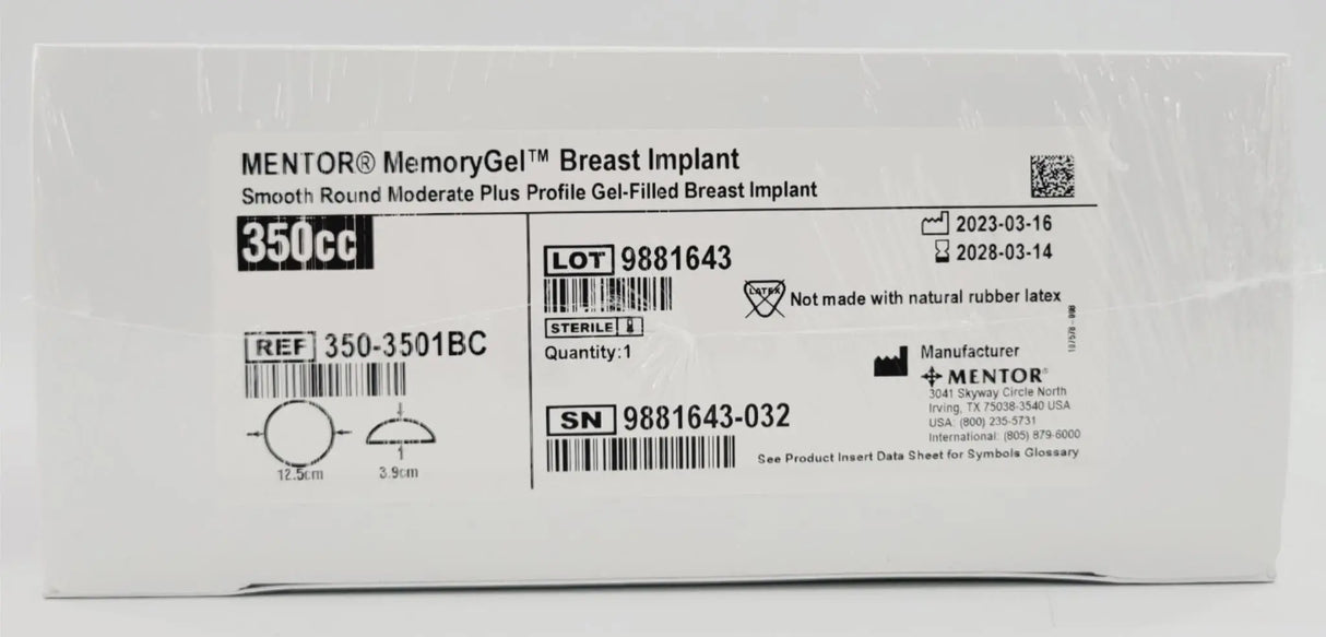 Mentor 350-3501BC Memory Gel Moderate Plus Breast Implant 350cc Mentor
