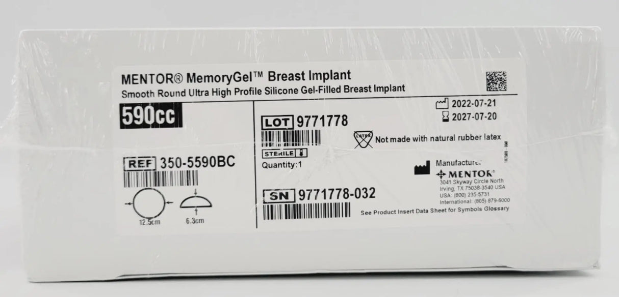 Mentor 350-5590BC Memory Gel Ultra High Breast Implant 590cc Mentor