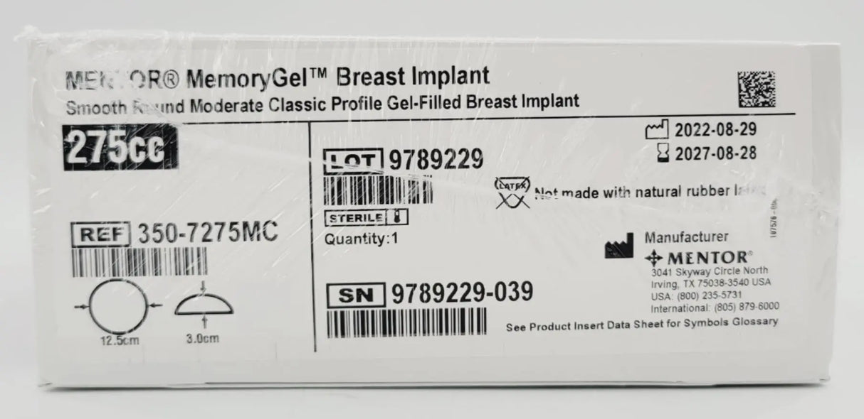 Mentor 350-7275MC Memory Gel Moderate Classic Breast Implant 275cc Mentor