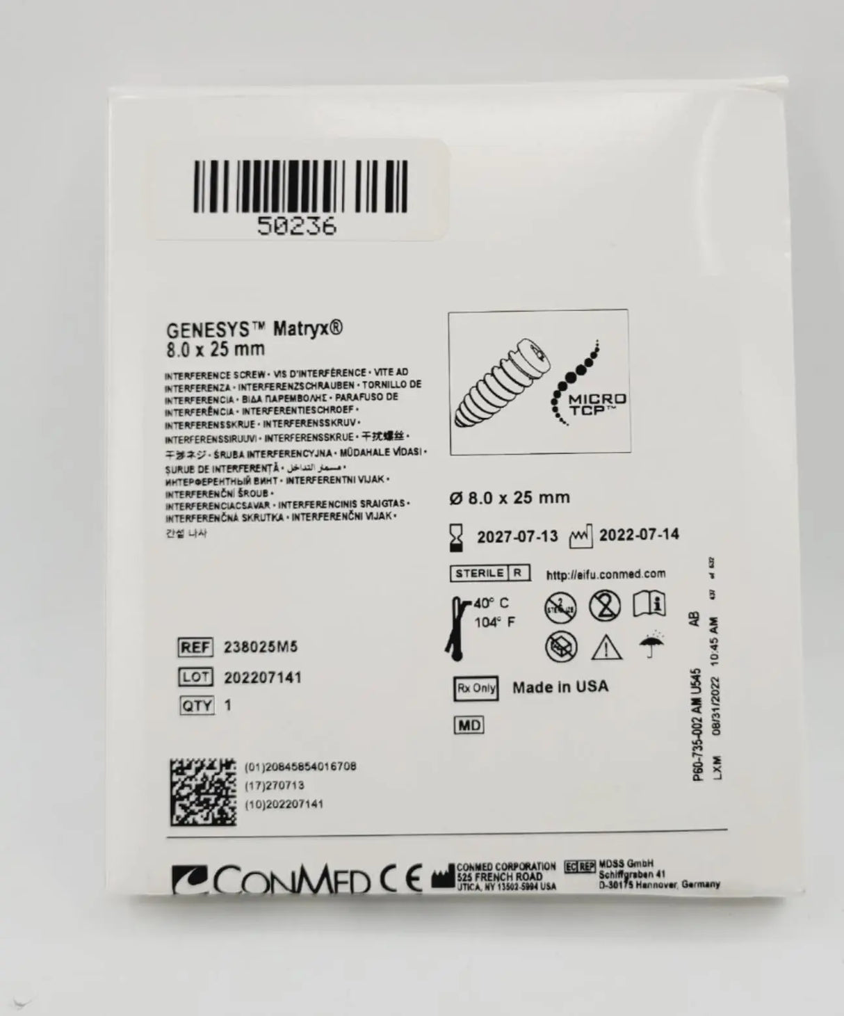 ConMed 238025M5 Genesys Matryx Interference Screw 8 X 25mm ConMed