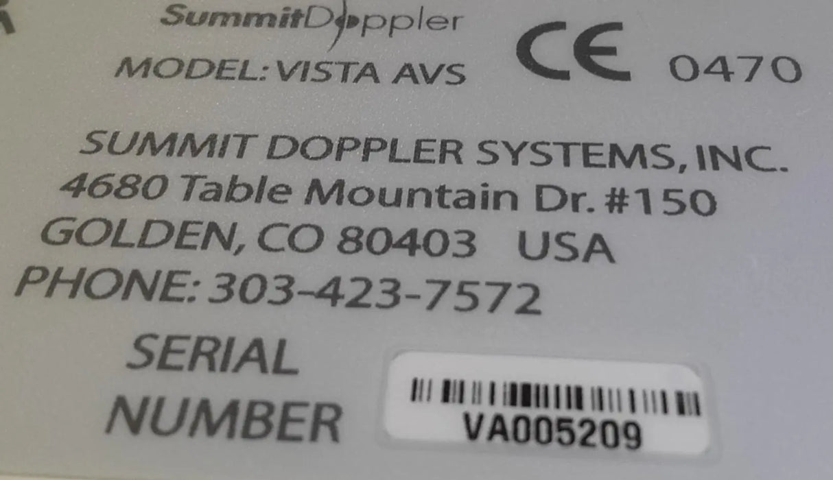 Summit Doppler Vista Avs Vascular System SW Version V2.1R Bio-Med Certified Summit Doppler
