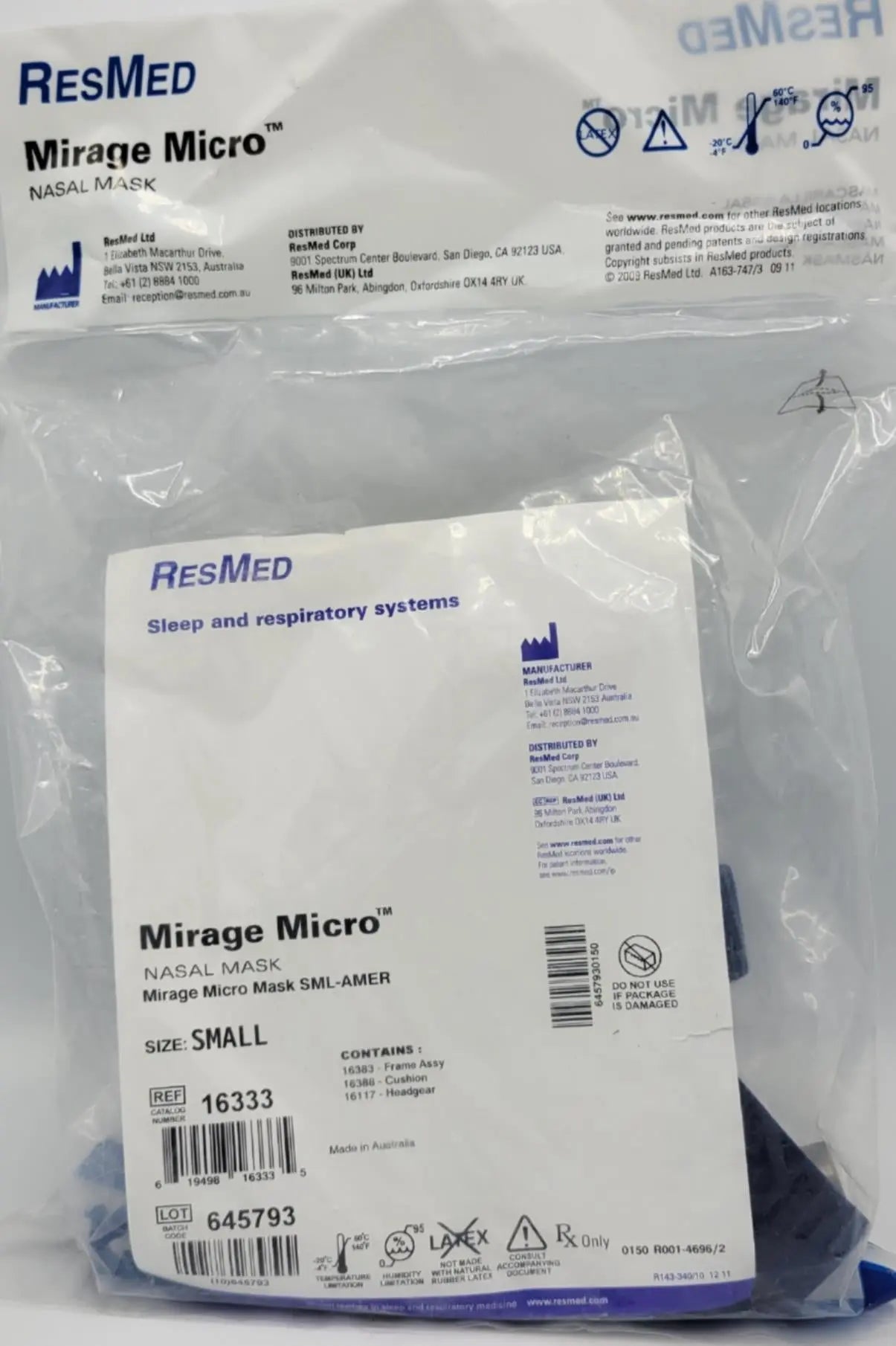 ResMed 16333 Small Mirage Micro Nasal Mask Resmed