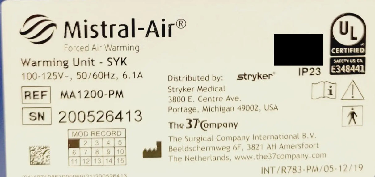 Stryker MA1200-PM Mistral-Air Forced Air Warming Unit Certified Stryker