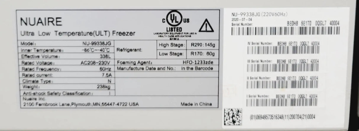 Nuaire NU-99338J Ultra Low-Temperature ULT Freezer -86°C-40°C 12 cu Primis Medical