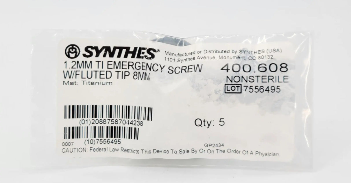 Synthes 400.608 1.2mm TI Emergency Screw w/Fluted Tip 8mm 5PK Synthes