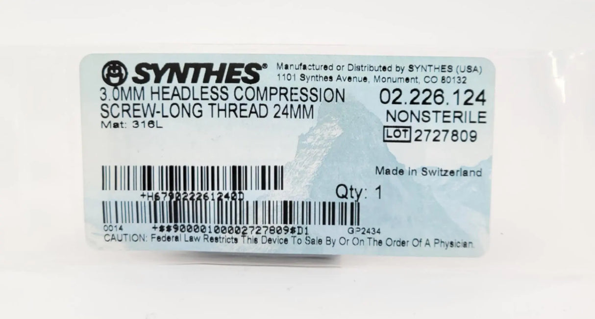 Synthes 02.226.124 3.0mm Headless Compression Screw-Long Thread 24mm Synthes