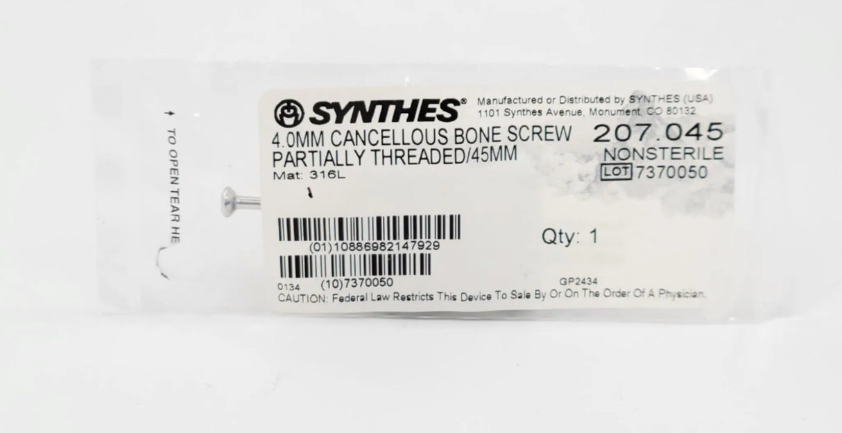 Synthes 207.045 4.0mm Cancellous Bone Screw Partially Threaded 45mm Synthes