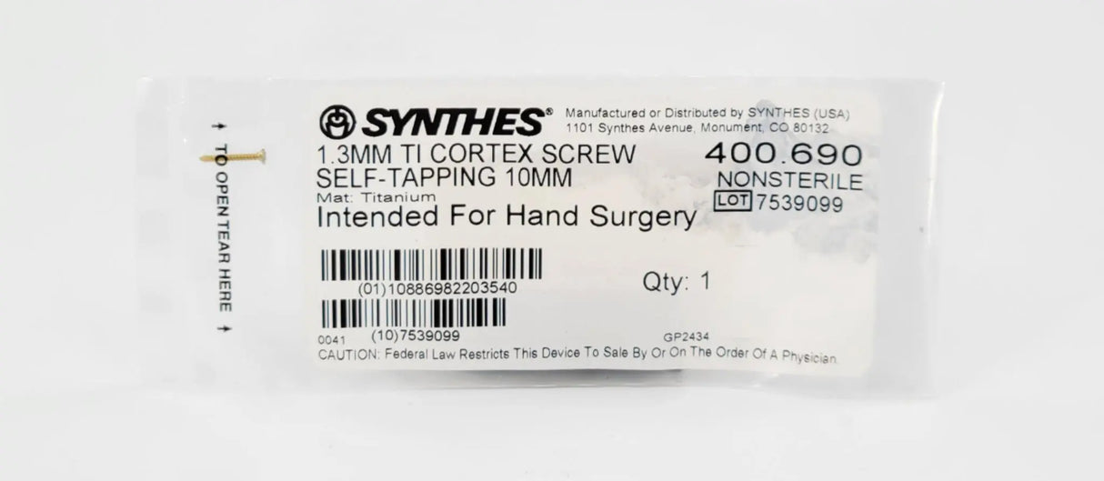 Synthes 400.690 1.3mm TI Cortex Screw Self-Tapping 10mm Synthes