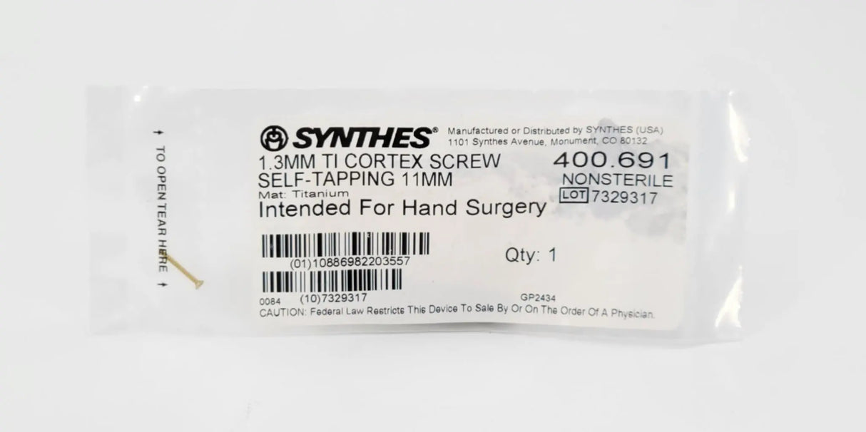 Synthes 400.691 1.3mm TI Cortex Screw Self-Tapping 11mm Synthes