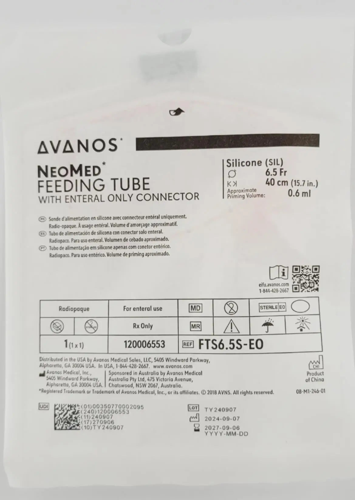 Avanos FTS6.5S-EO NeoMed Feeding Tube w/ Enteral Only Connector 6.5Fr Box of 10 Primis Medical