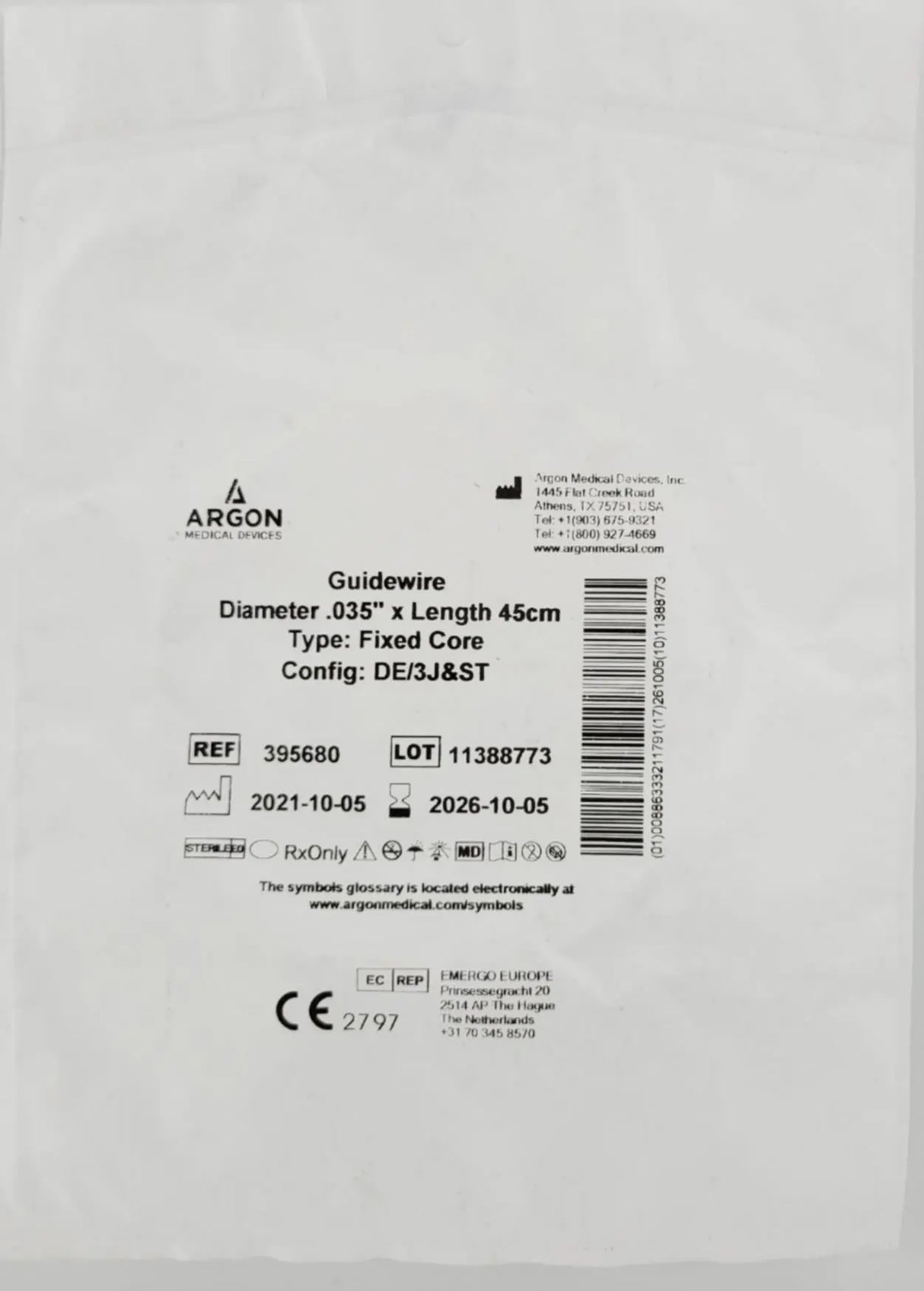 Argon Medical 395680 Guidewire Diameter .035" x Length 45cm Fixed Core 10PK Primis Medical