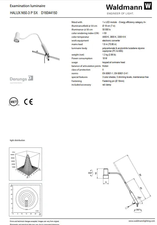 Waldmann HALUX LED N50 Exam Light-3 P SX, Color Changing, Dimming, Gooseneck - Rail Mount Waldmann Lighting