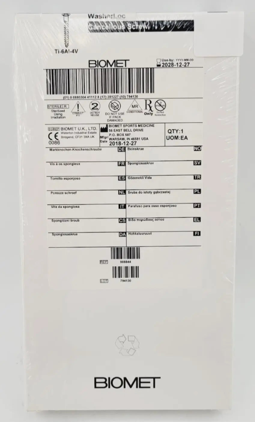 Biomet 908844 Ti-6AI-4V WasherLoc Cancellous Screw 6mm x 44mm Biomet