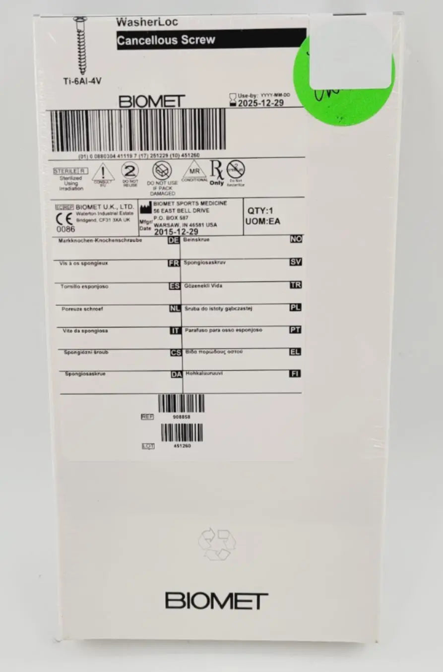 Biomet 908858 Ti-6Al-4V WasherLoc Cancellous Screw 6mm x 58mm Biomet