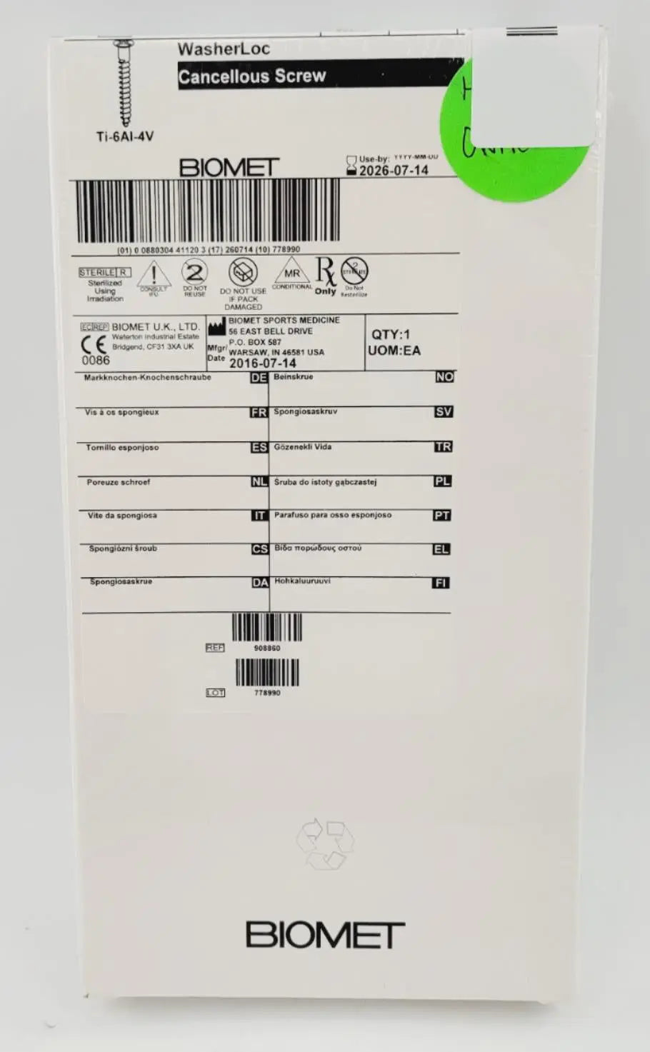 Biomet 908860 Ti-6AI-4V WasherLoc Cancellous Screw 6mm x 60mm Biomet
