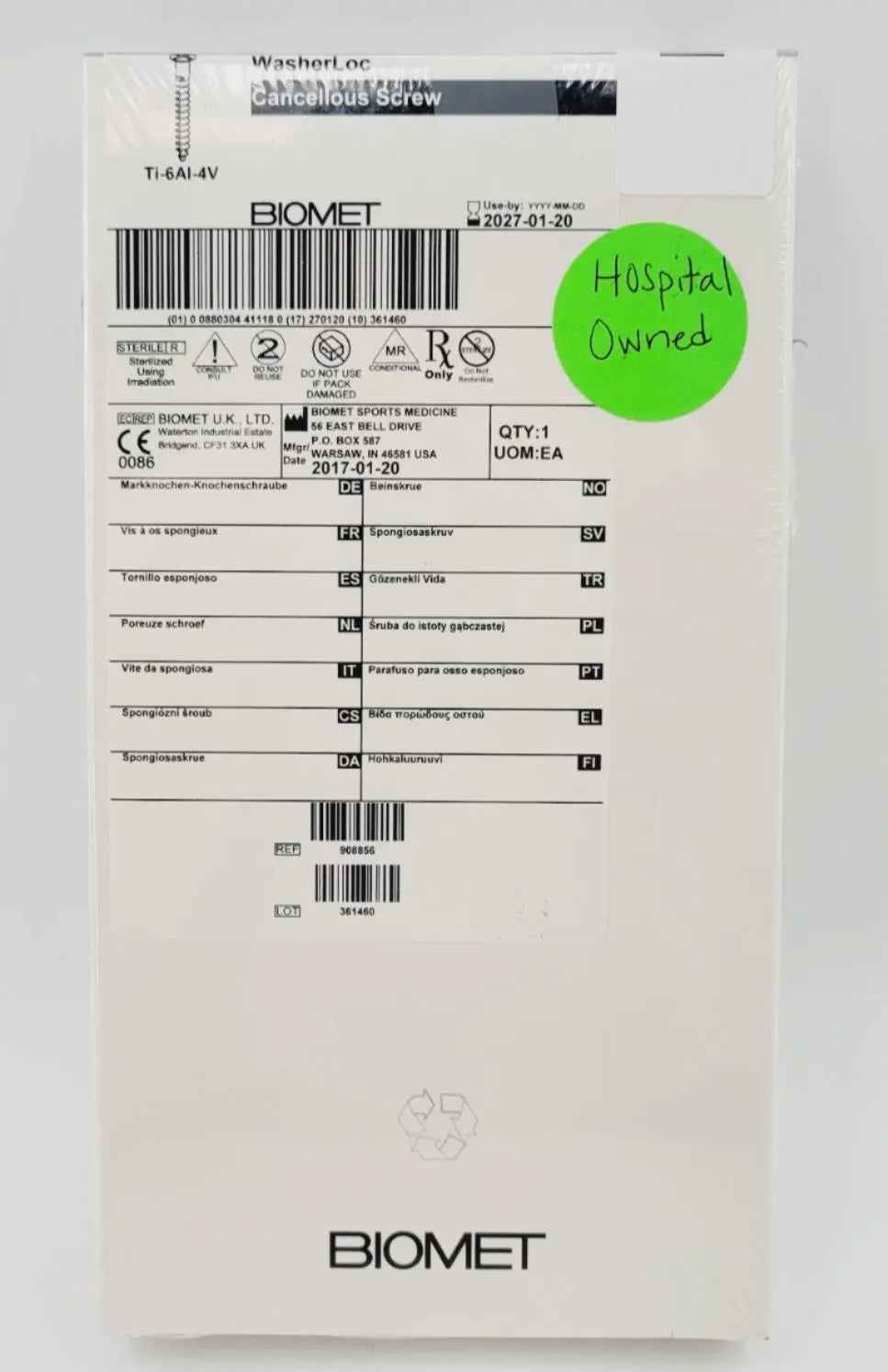 Biomet 908856 Ti-6AI-4V WasherLoc Cancellous Screw 6mm x 56mm Biomet