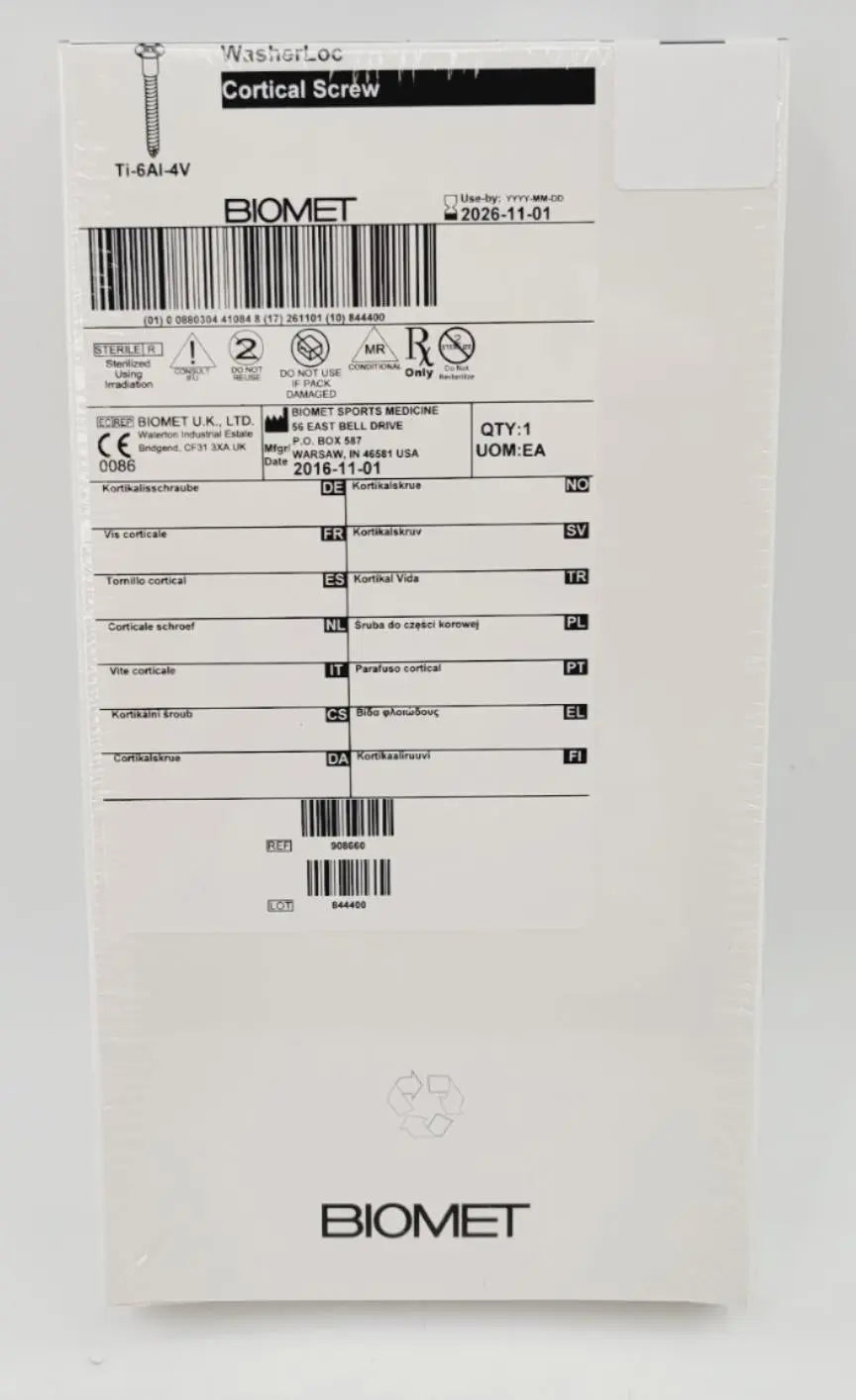 Biomet 908660 Ti-6AI-4V WasherLoc Cortical Screw 4.5mm x 60mm Biomet