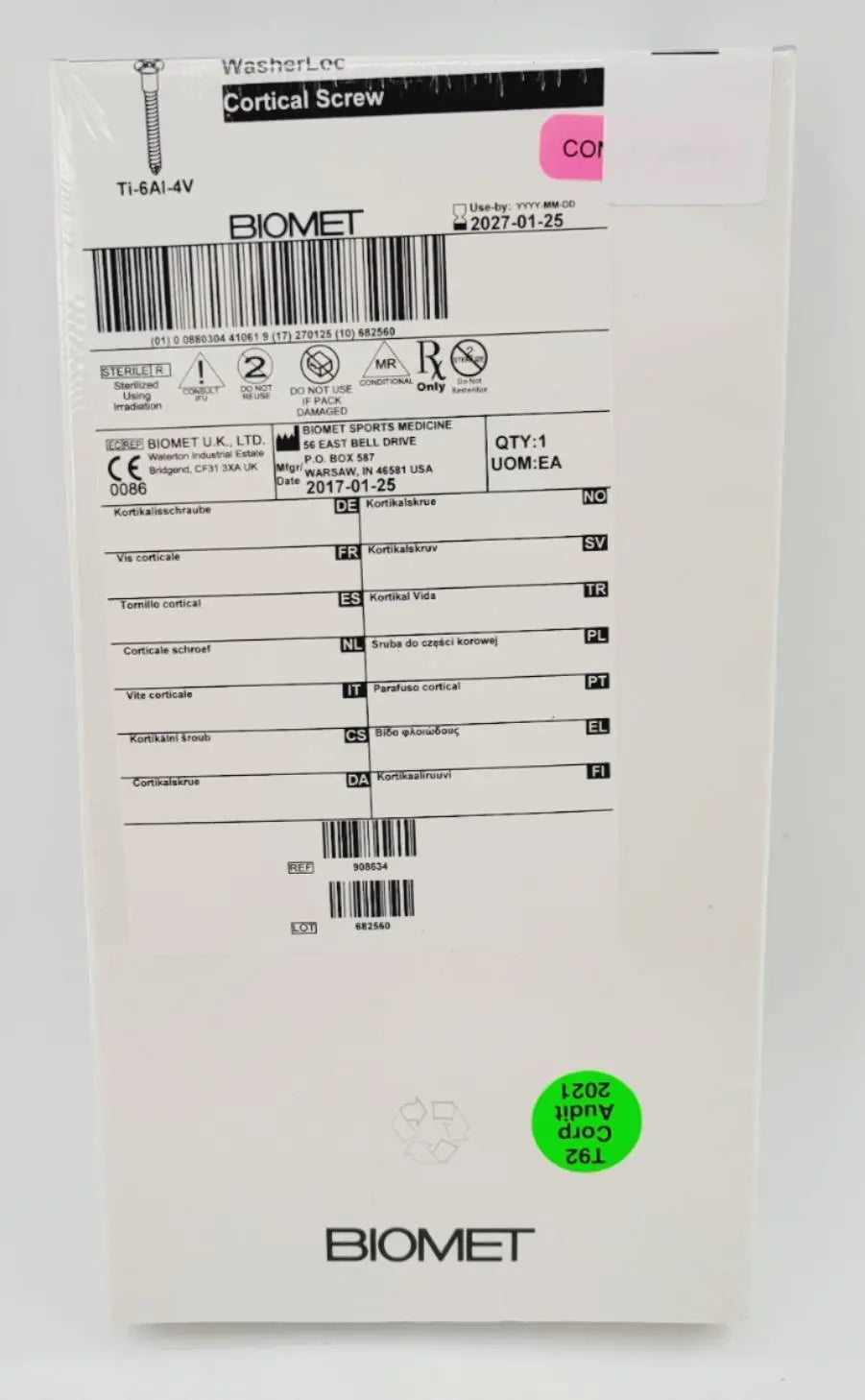 Biomet 908634 Ti-6AI-4V WasherLoc Cortical Screw 4.5mm x 34mm Biomet