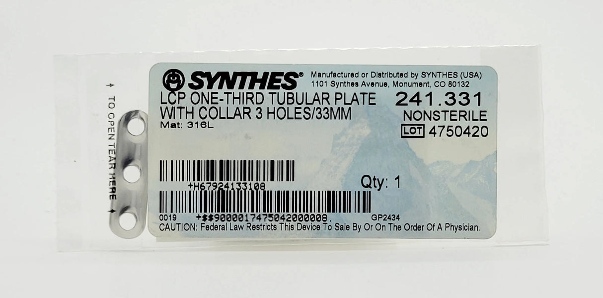 Synthes 241.331 LCP ONE-THIRD TUBULAR PLATE WITH COLLAR 3 HOLES/33MM Synthes