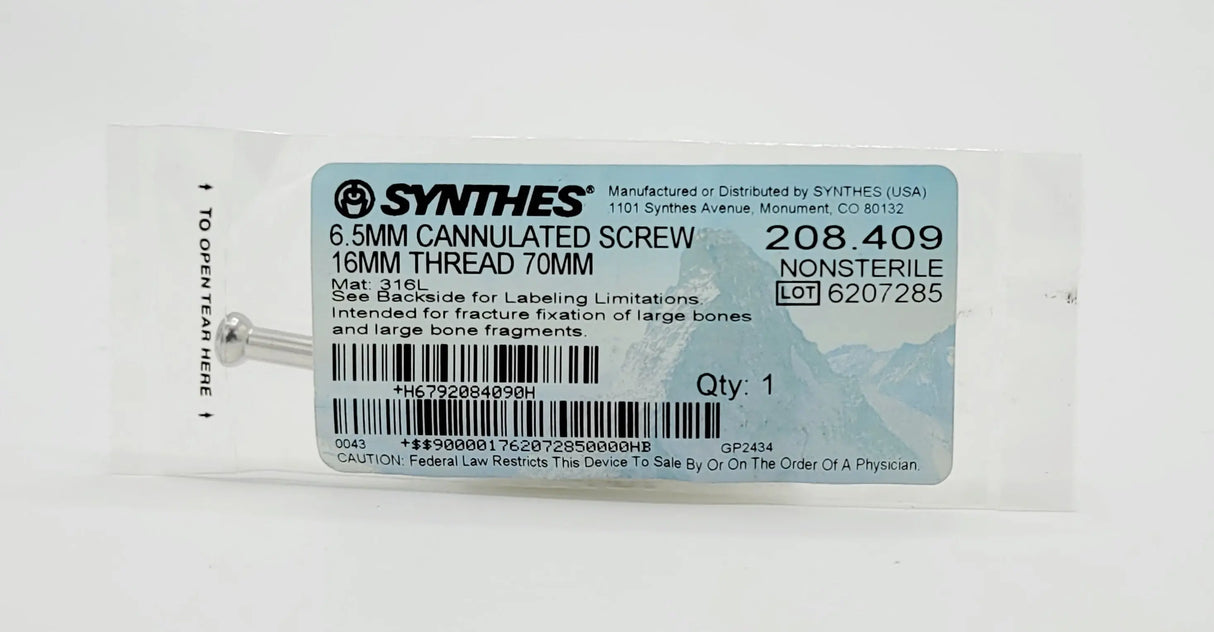 Synthes 208.409 6.5MM CANNULATED SCREW 16MM THREAD 70MM Synthes